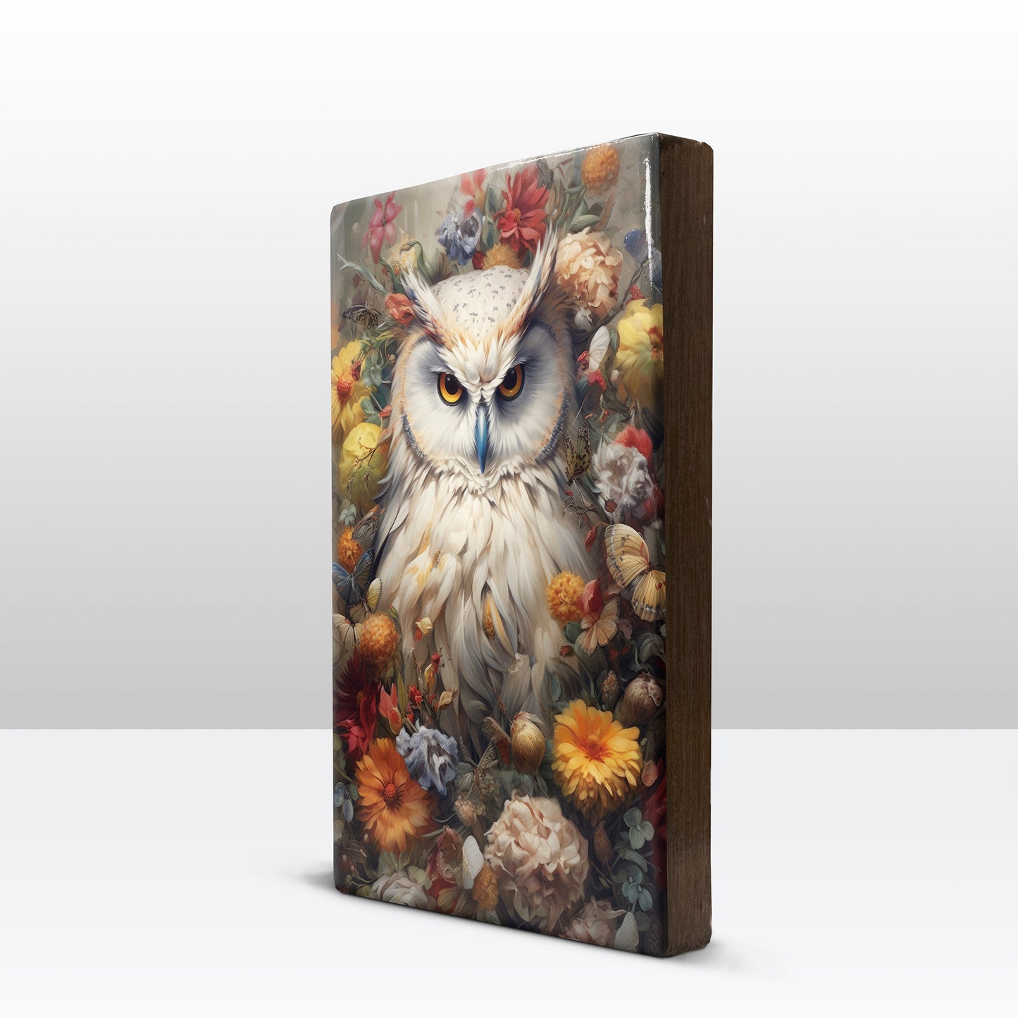 White owl with flowers - Laque print - 19.5 x 30 cm - LP304