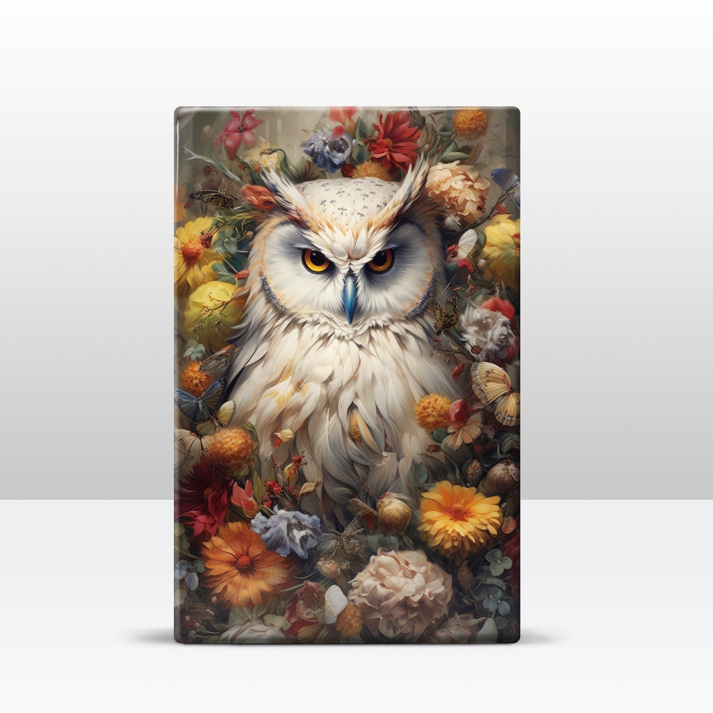 White owl with flowers - Laque print - 19.5 x 30 cm - LP304