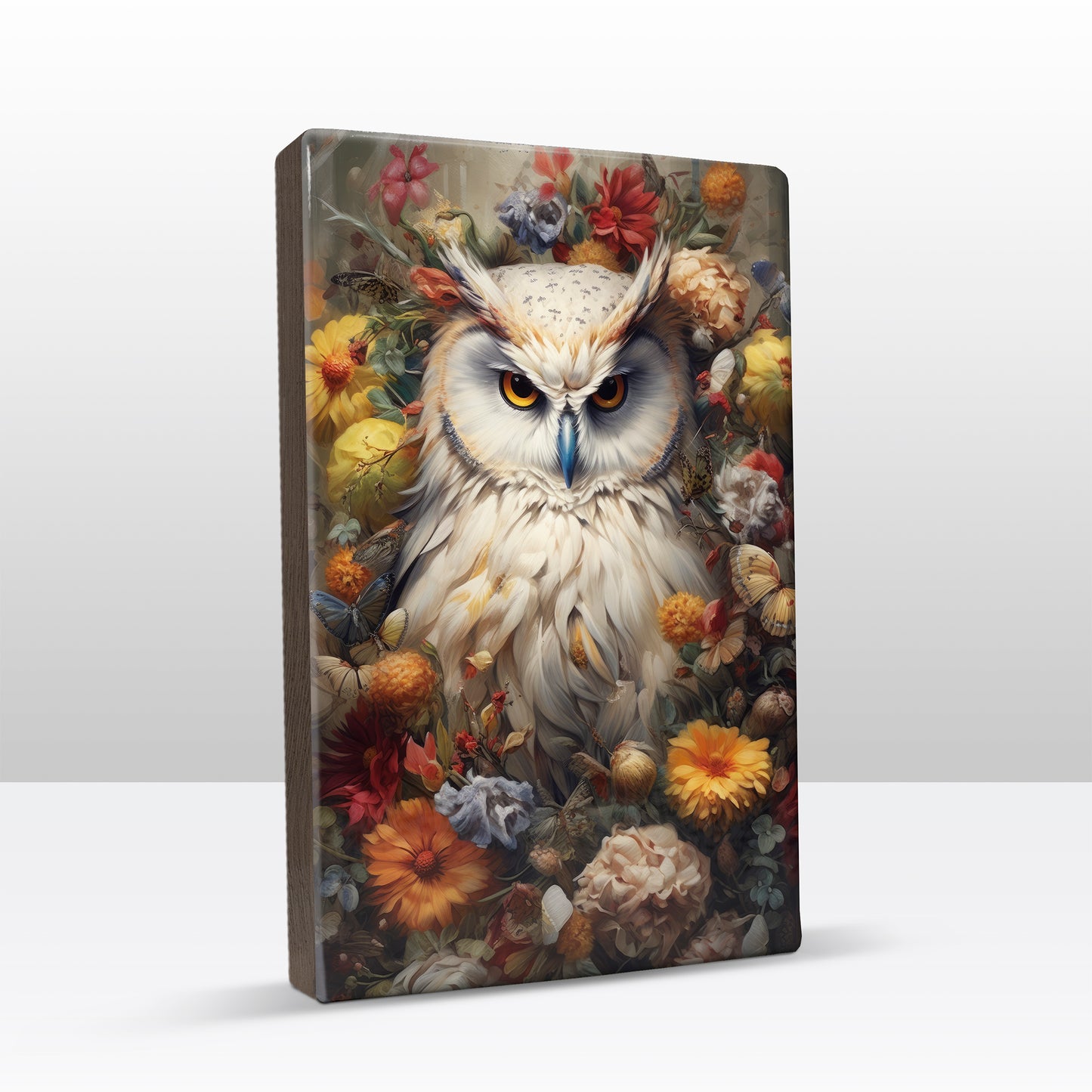 White owl with flowers - Laque print - 19.5 x 30 cm - LP304