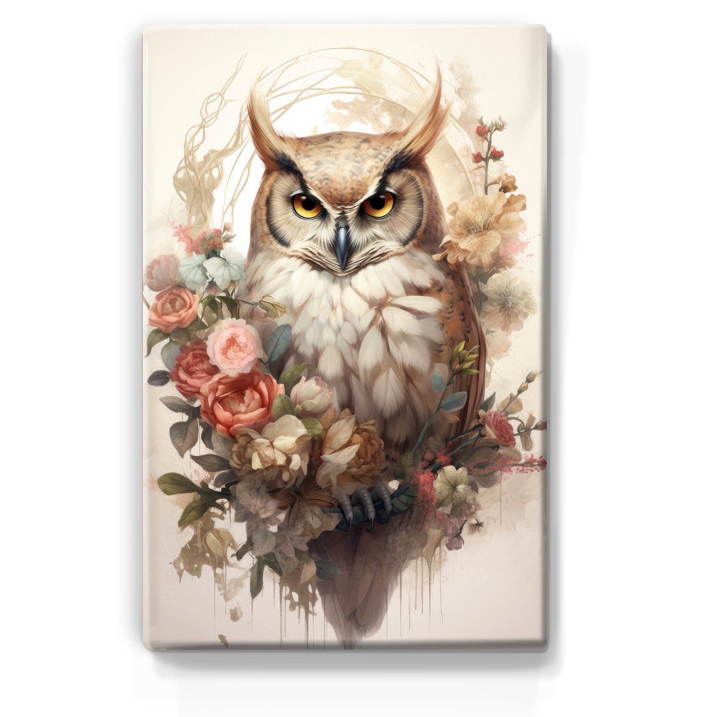 Owl with roses - Laque print - 19.5 x 30 cm - LP305