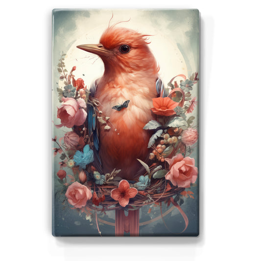 Red bird with flowers - Laque print - 19.5 x 30 cm - LP306