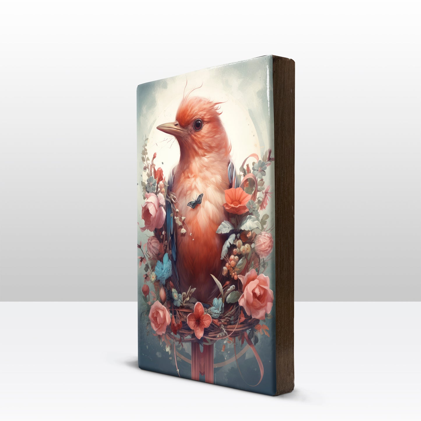 Red bird with flowers - Laque print - 19.5 x 30 cm - LP306