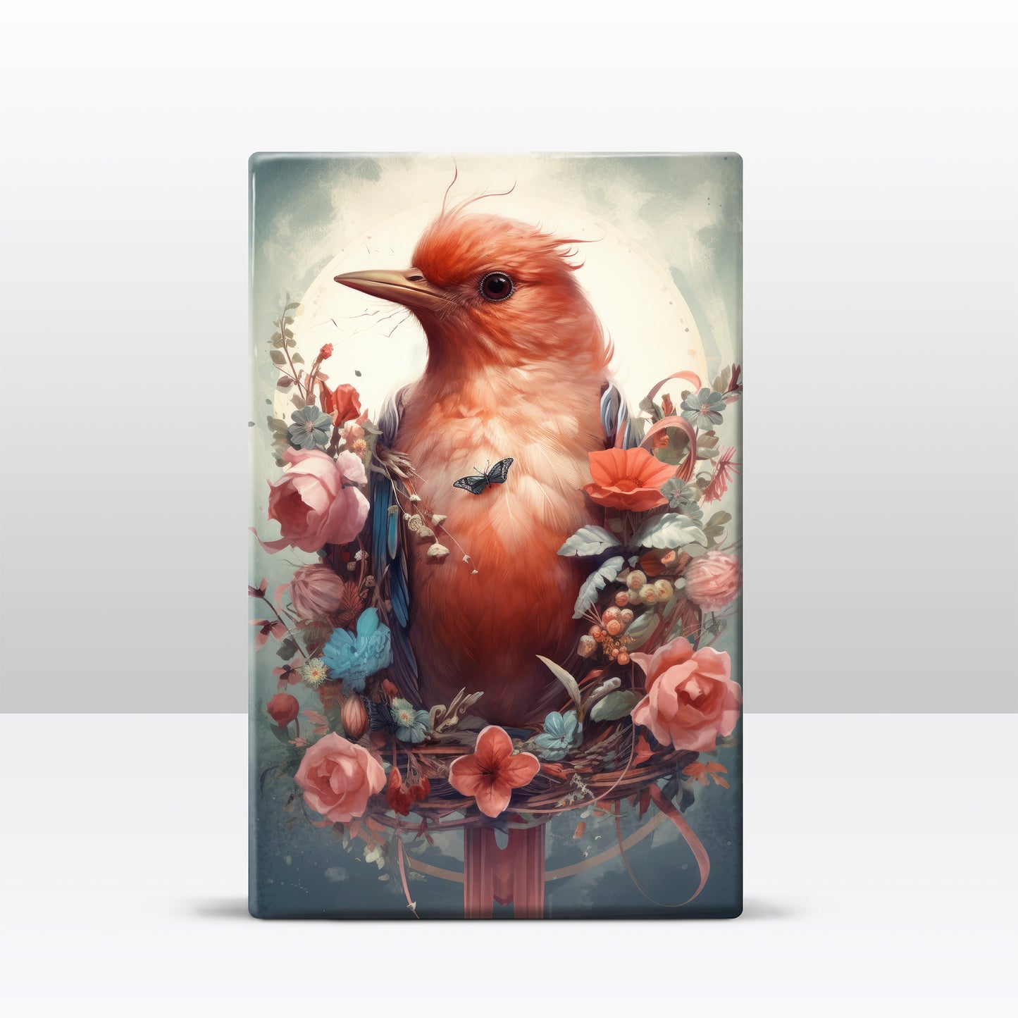 Red bird with flowers - Laque print - 19.5 x 30 cm - LP306