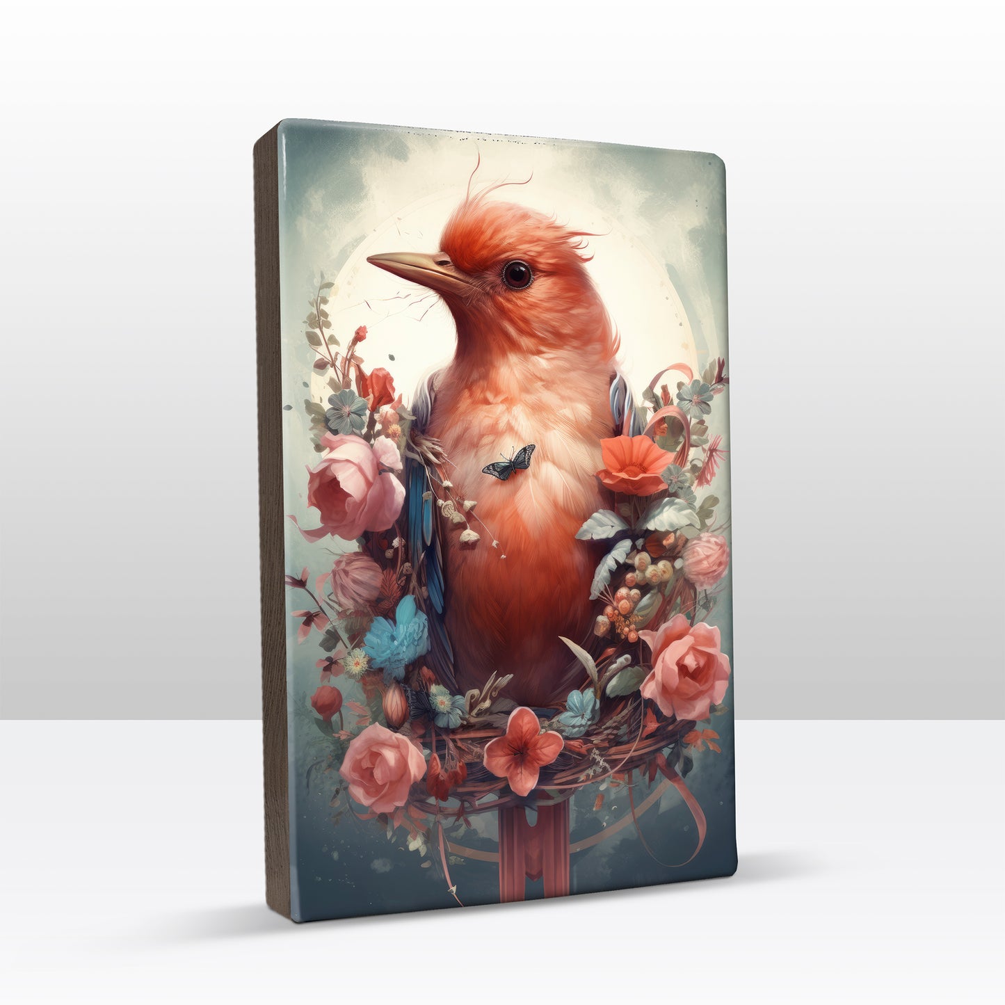 Red bird with flowers - Laque print - 19.5 x 30 cm - LP306