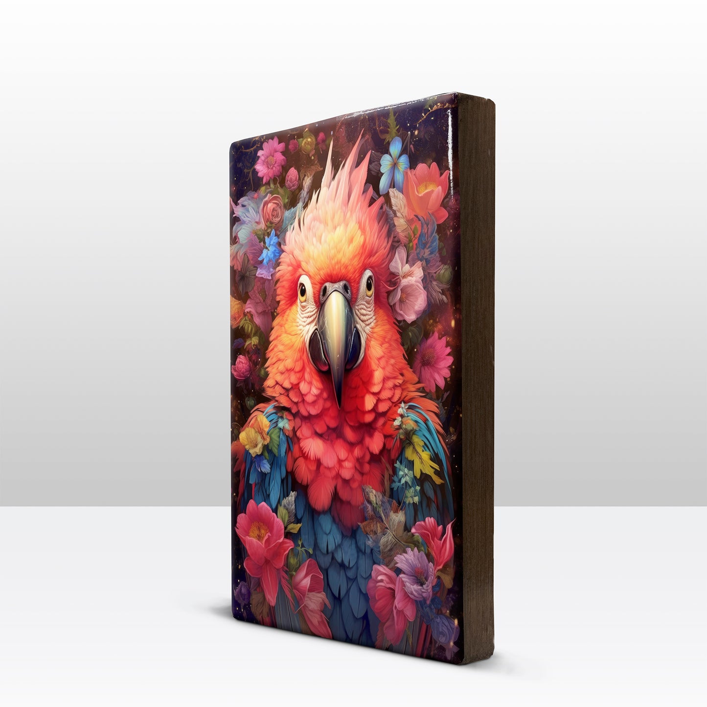 Red parrot with flowers - Laque print - 19.5 x 30 cm - LP308