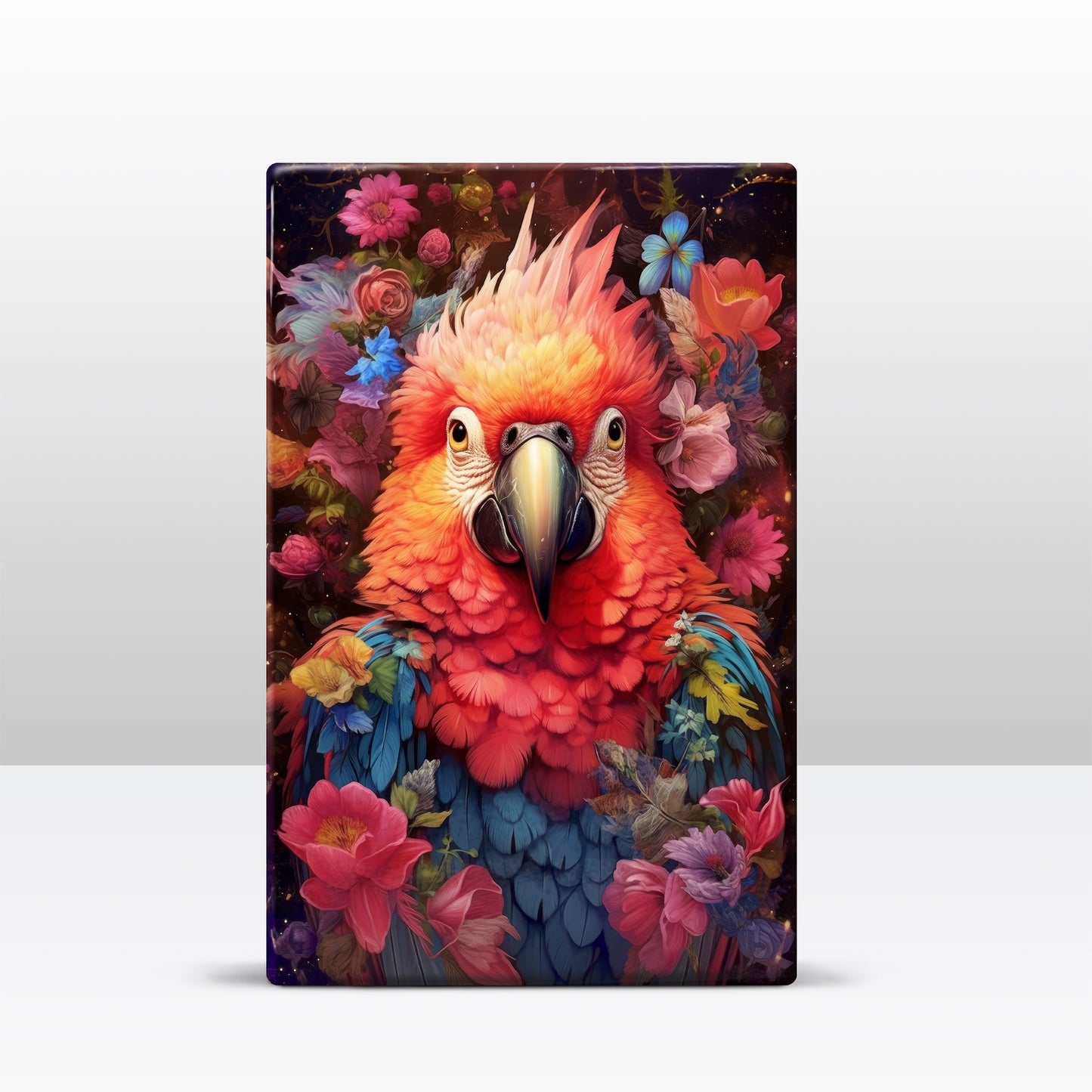 Red parrot with flowers - Laque print - 19.5 x 30 cm - LP308