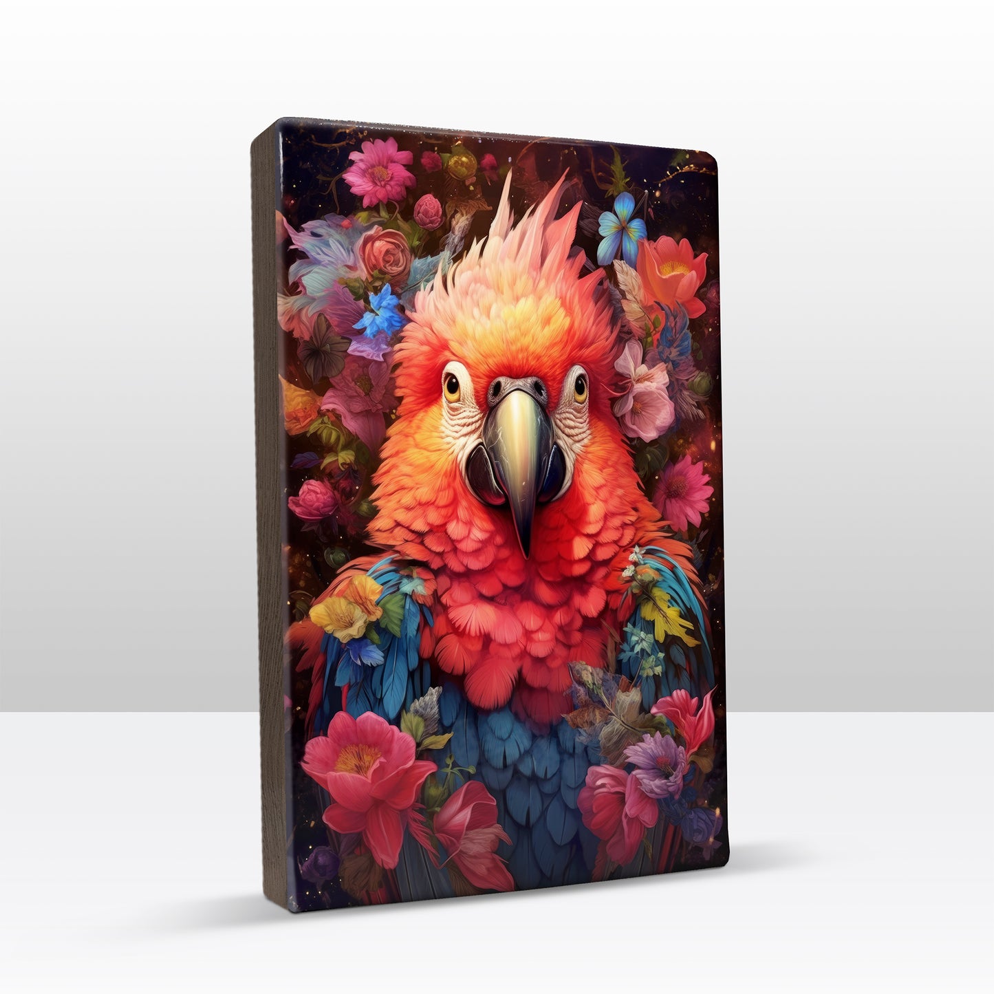 Red parrot with flowers - Laque print - 19.5 x 30 cm - LP308