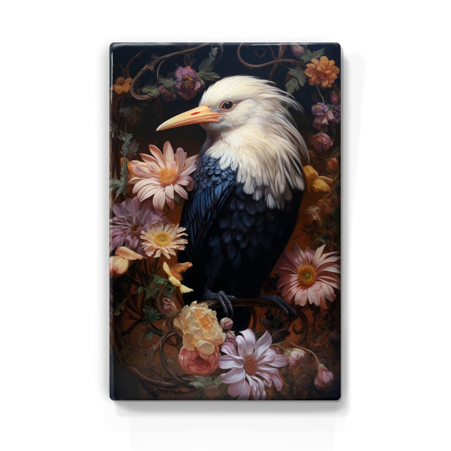 Zwart-witte reiger met bloemen - Laqueprint - 19,5 x 30 cm - LP314