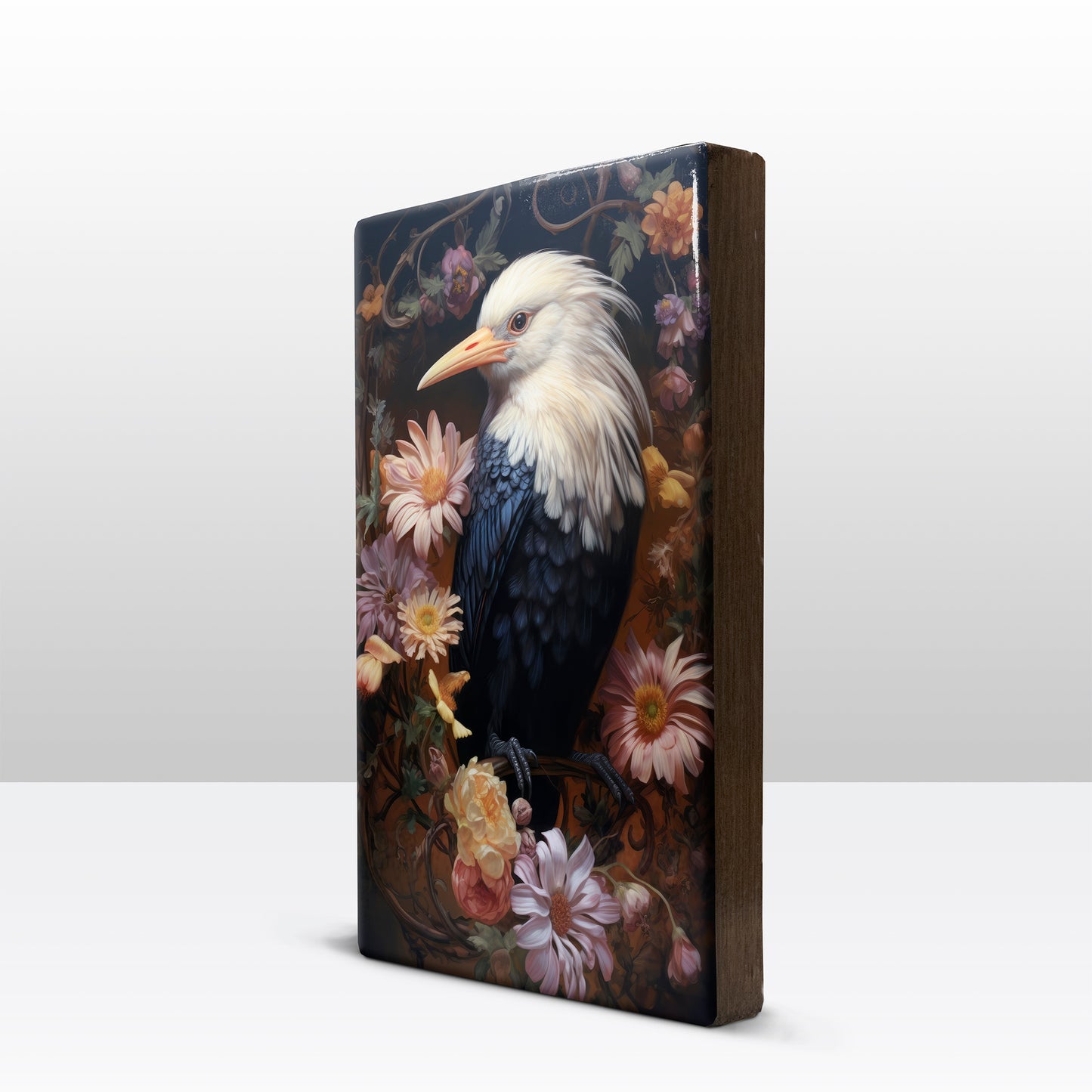 Zwart-witte reiger met bloemen - Laqueprint - 19,5 x 30 cm - LP314