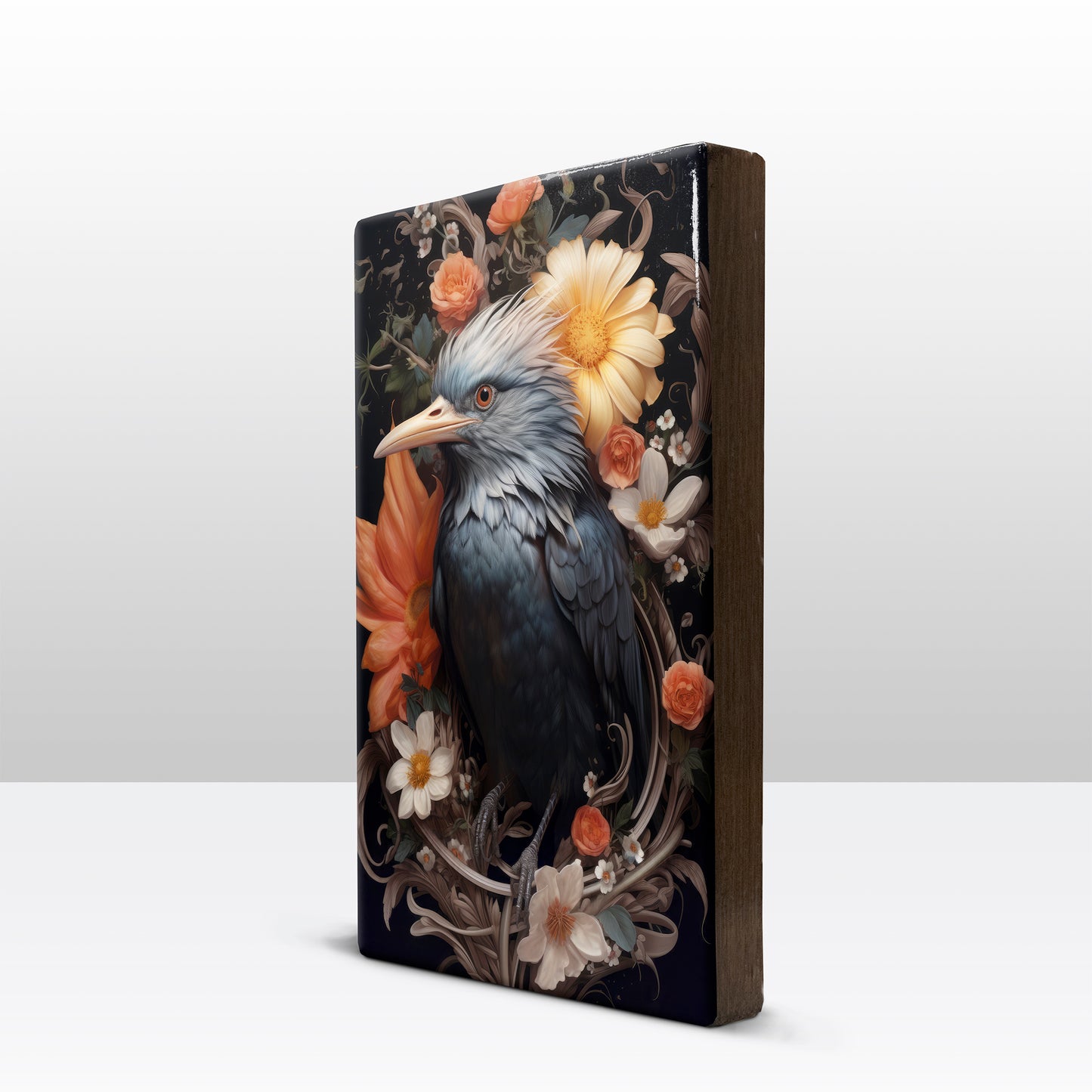Blauwe vogel met bloemen - Laqueprint - 19,5 x 30 cm - LP315