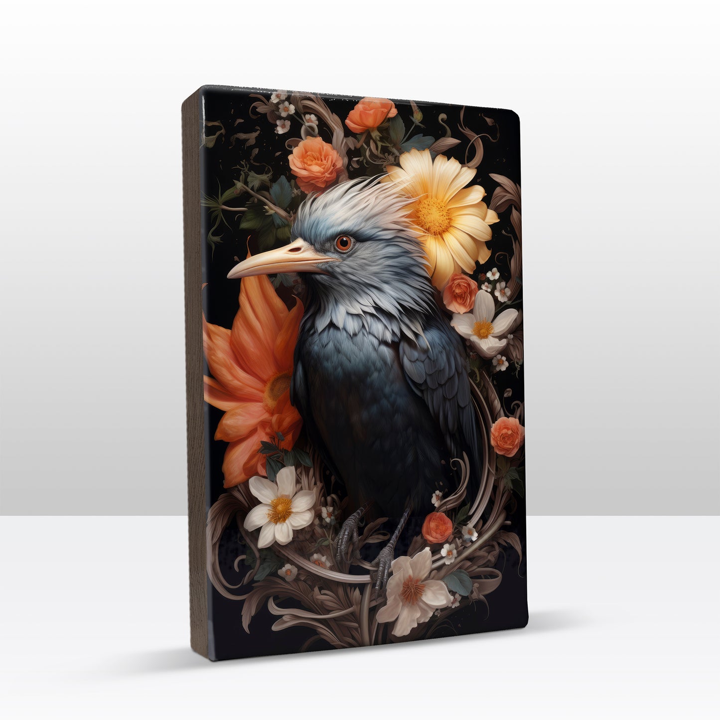 Blauwe vogel met bloemen - Laqueprint - 19,5 x 30 cm - LP315