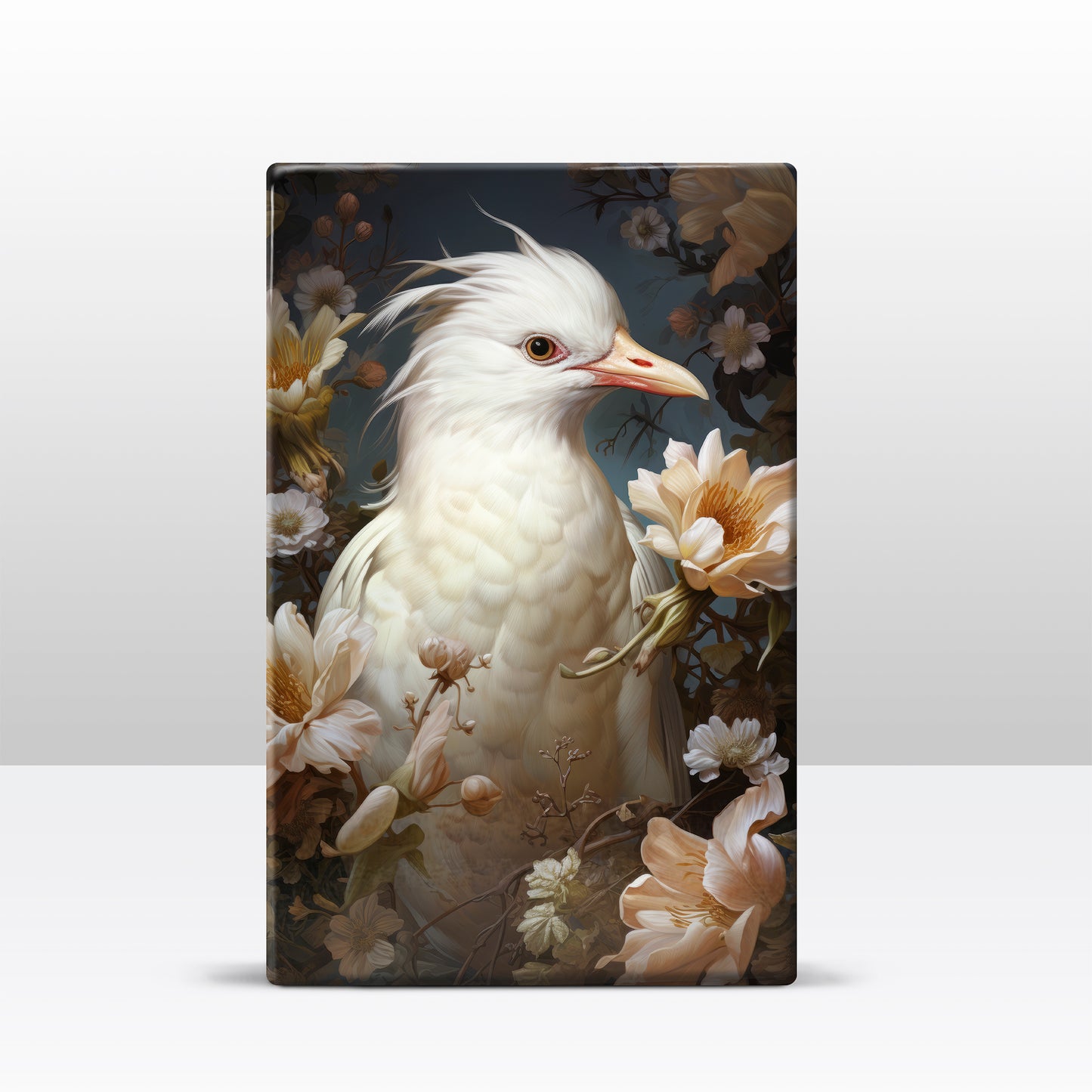 Witte reiger met bloemen 3 - Laqueprint - 19,5 x 30 cm - LP318