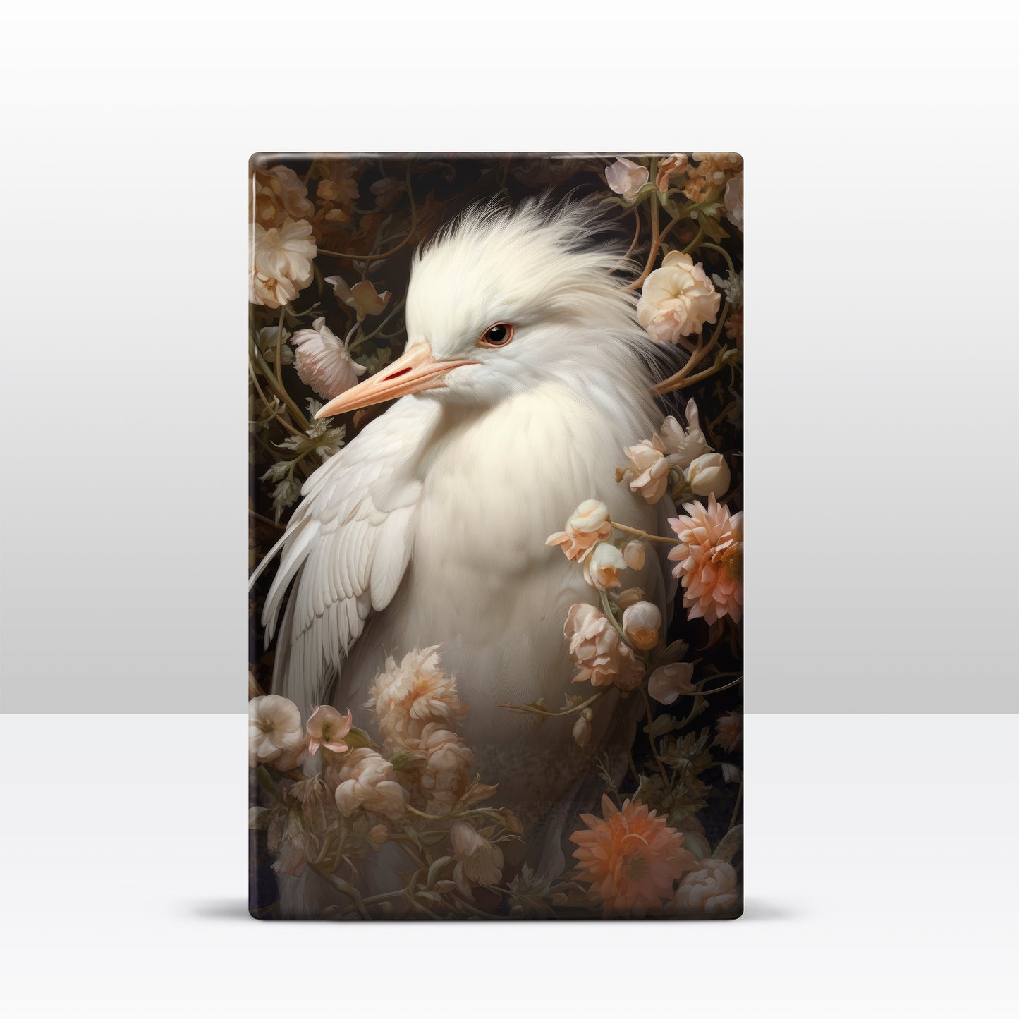 White heron with flowers 2 - Laque print - 19.5 x 30 cm - LP319