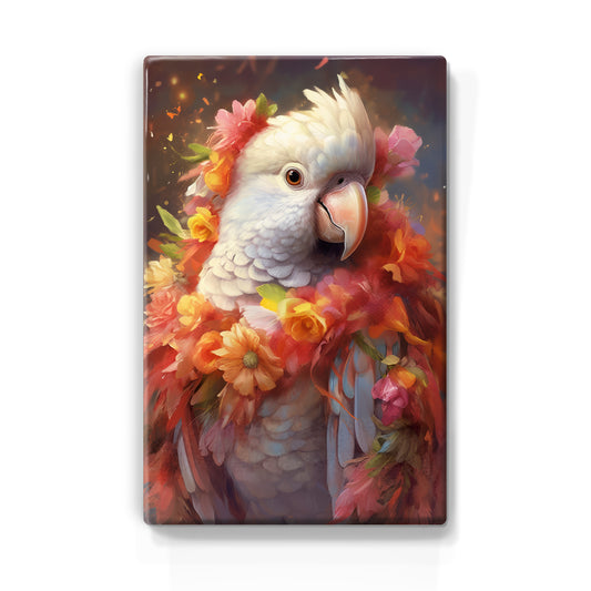 White Parrot with flowers - Laque print - 19.5 x 30 cm - LP321