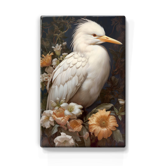 White heron with flowers 1 - Laque print - 19.5 x 30 cm - LP324