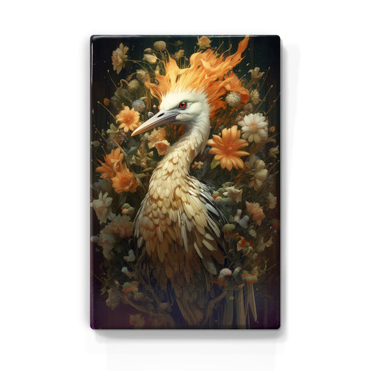 White crane with flames and flowers - Laque print - 19.5 x 30 cm - LP332