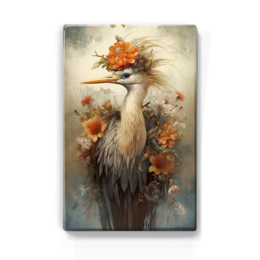 White crane with flowers - Laque print - 19.5 x 30 cm - LP333