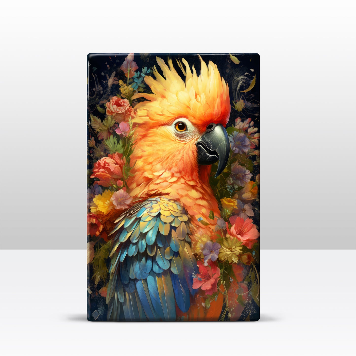 Blauwe papegaai met bloemen 2 - Laqueprint - 19,5 x 30 cm - LP335