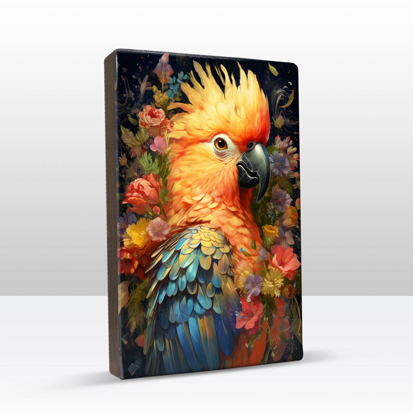 Blauwe papegaai met bloemen 2 - Laqueprint - 19,5 x 30 cm - LP335