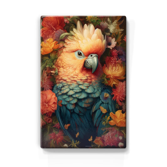 Blauwe papegaai met bloemen 1 - Laqueprint - 19,5 x 30 cm - LP336
