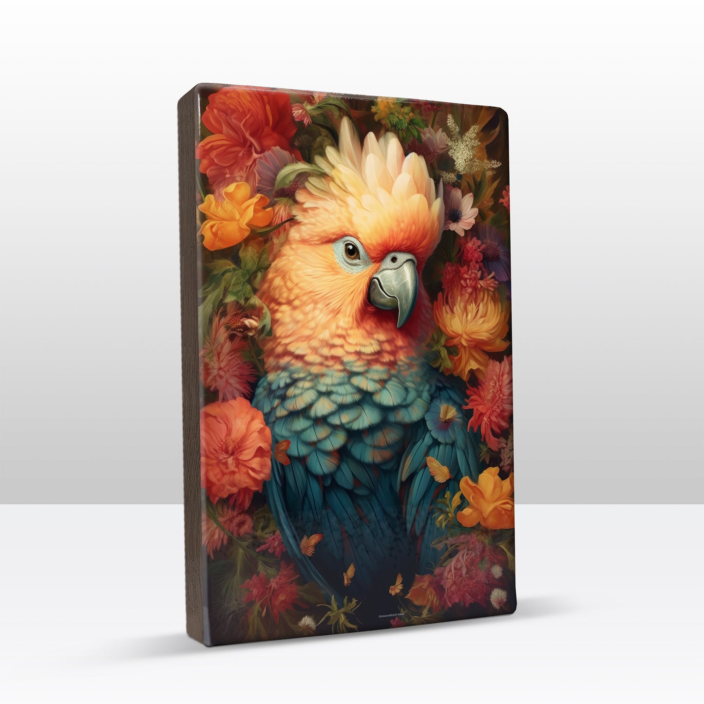 Blauwe papegaai met bloemen 1 - Laqueprint - 19,5 x 30 cm - LP336