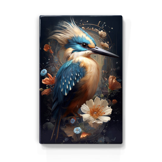 Kingfisher with crest and flowers - Laque print - 19.5 x 30 cm - LP337