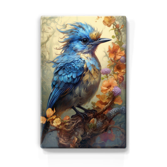 Blauwe vogel met bloemen - Laqueprint - 19,5 x 30 cm - LP346