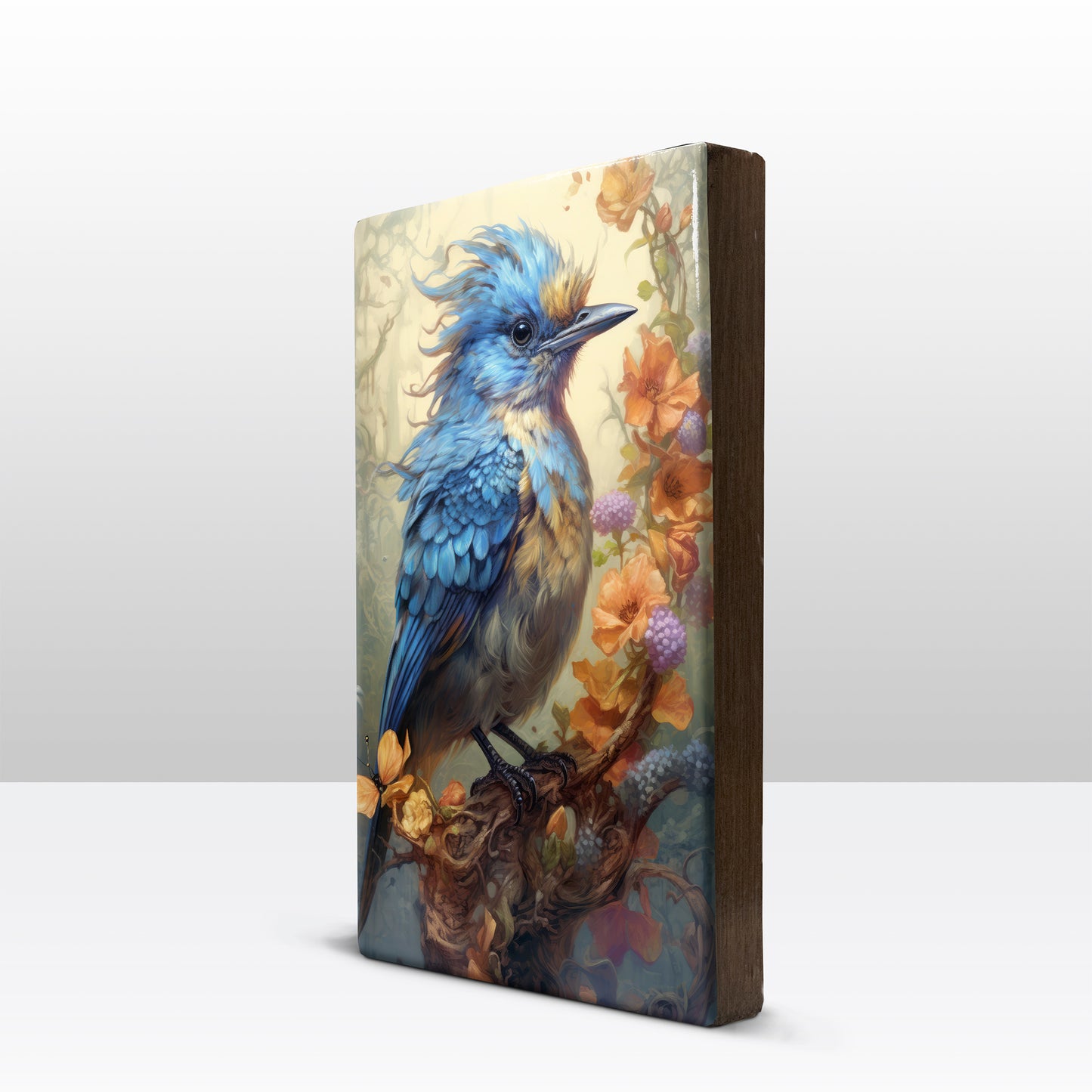 Blauwe vogel met bloemen - Laqueprint - 19,5 x 30 cm - LP346