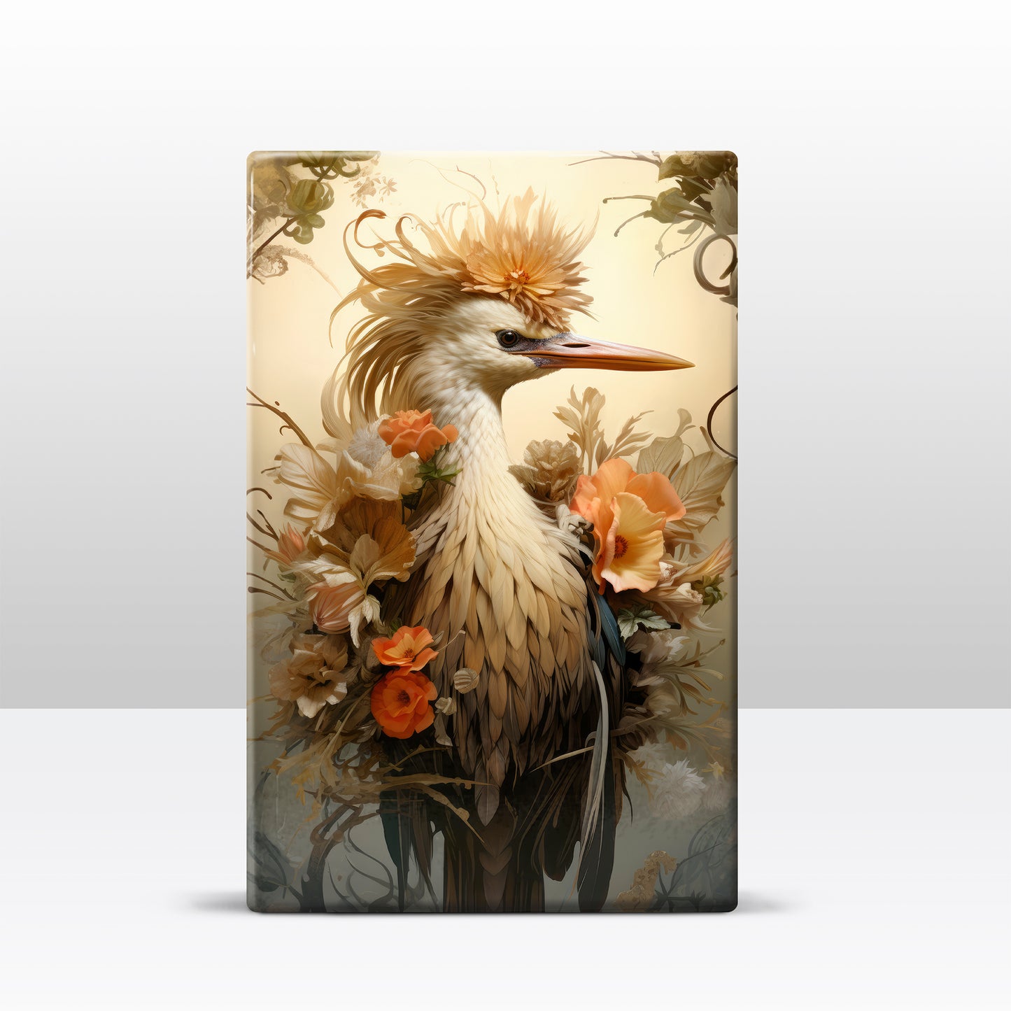 Crane with orange flowers 1 - Laque print - 19.5 x 30 cm - LP347