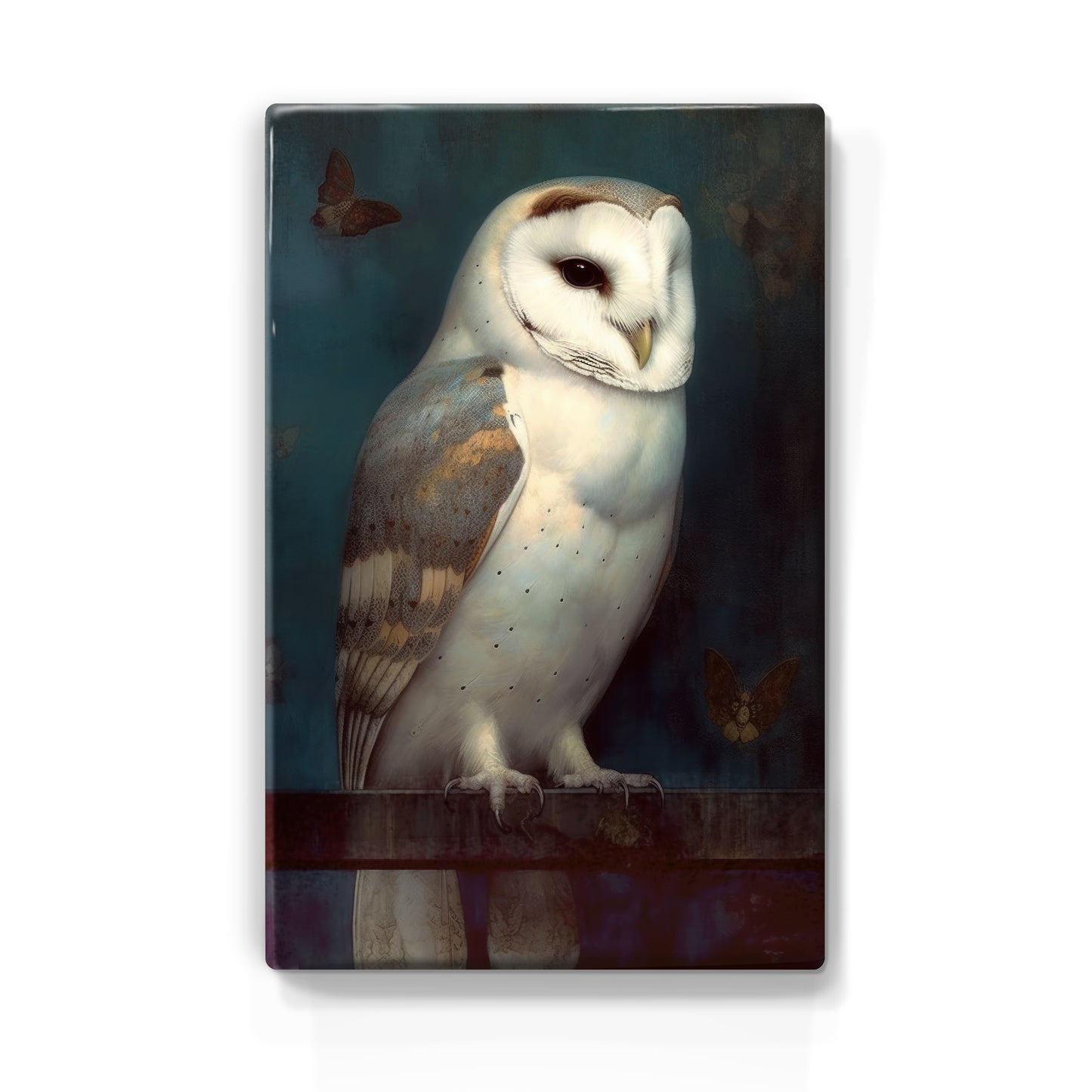 Laque print - Enchanting Encounter: White Owl and Dancing Moths - Hand lacquered - 19.5 x 30 cm - LP365