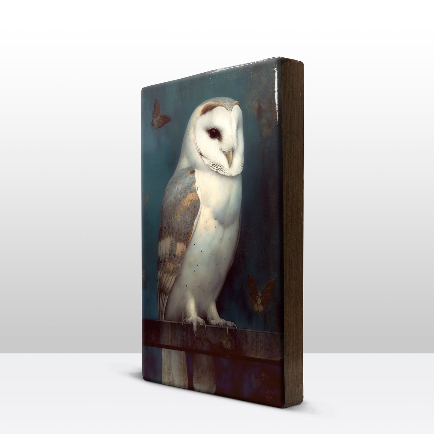 Laque print - Enchanting Encounter: White Owl and Dancing Moths - Hand lacquered - 19.5 x 30 cm - LP365