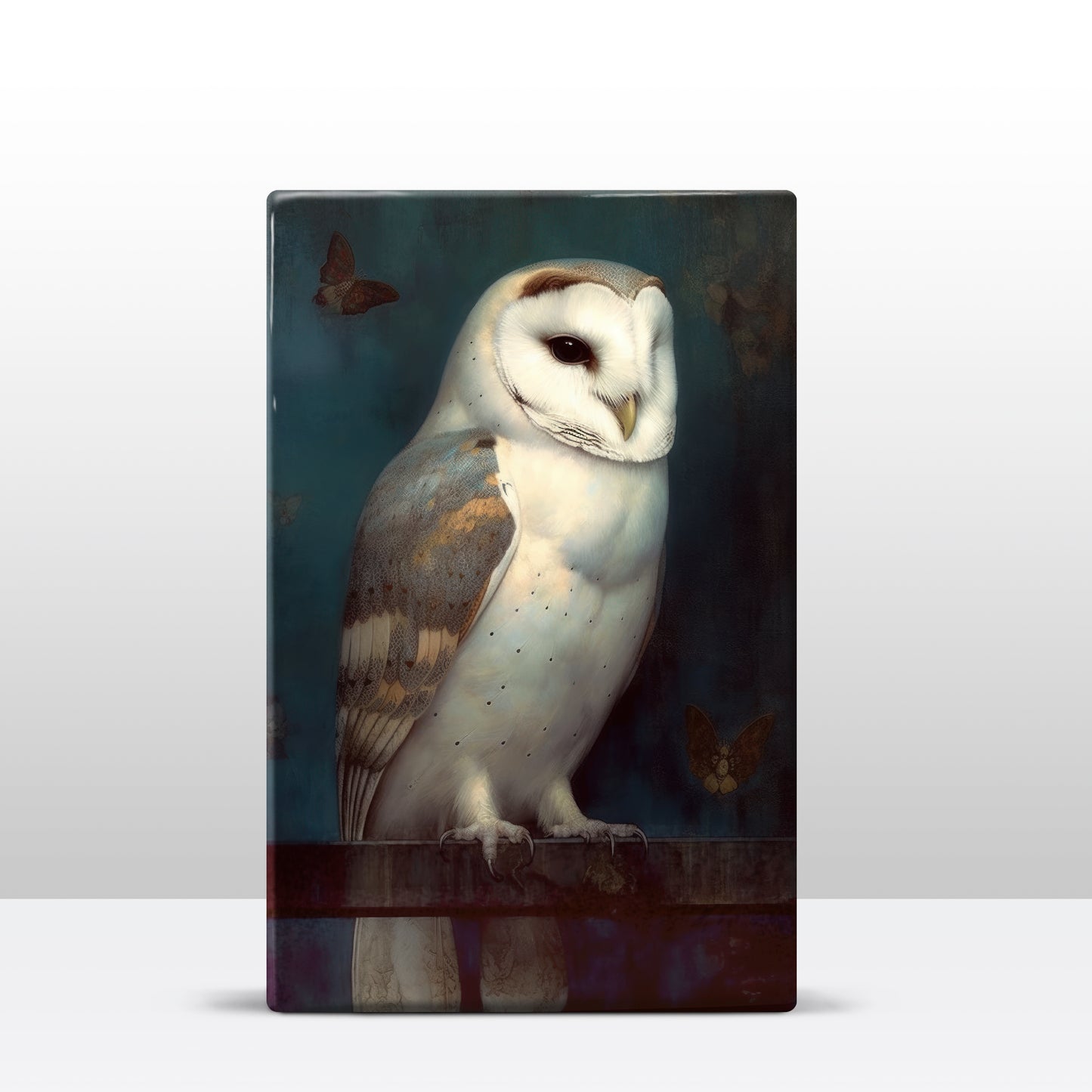 Laque print - Enchanting Encounter: White Owl and Dancing Moths - Hand lacquered - 19.5 x 30 cm - LP365