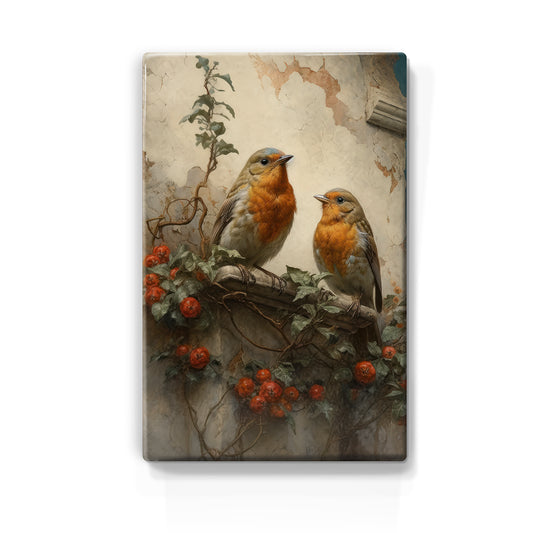 Laque print - Two robins in front of old wall - Hand lacquered - 19.5 x 30 cm - LP386