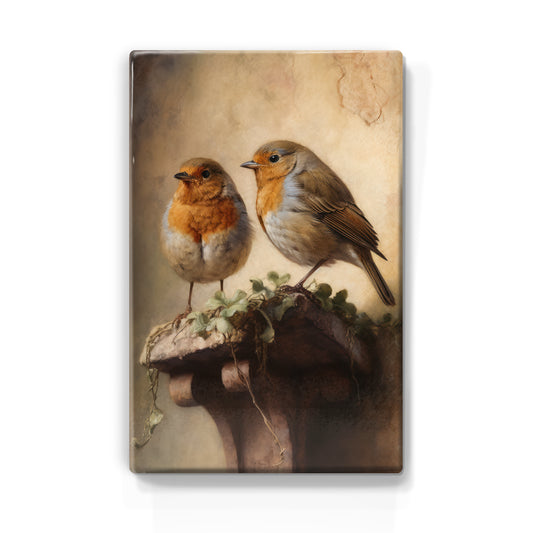 Laque print - Robins on wall support - Hand lacquered - 19.5 x 30 cm - LP388