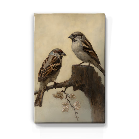 Laque print-two sparrows on old stump-Hand varnished-19.5 x 30 cm-LP391