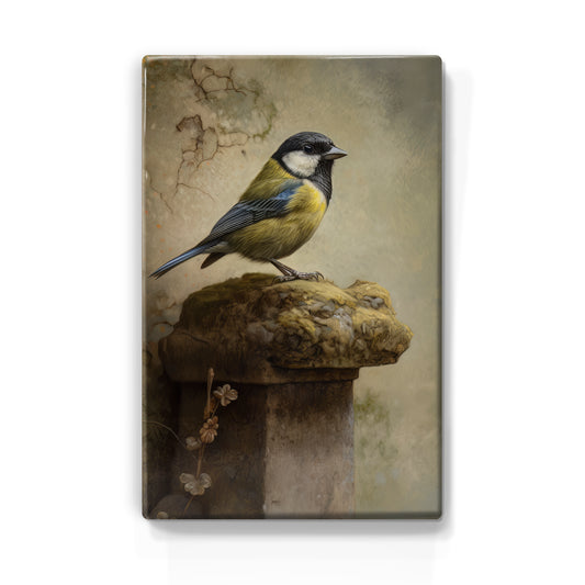 Laque print-great tit on old stone-Hand lacquered-19.5 x 30 cm-LP393