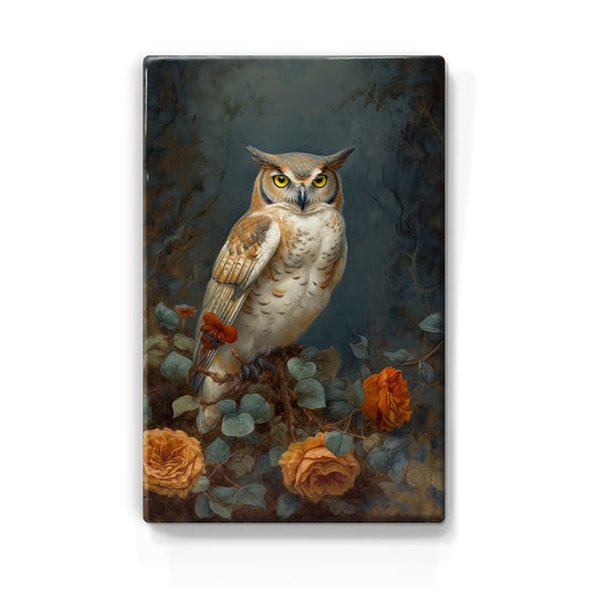 Laque print-spotted owl with orange roses-Hand painted-19.5 x 30 cm-LP394