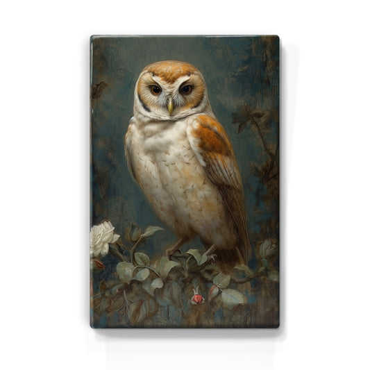 Laque print-owl with white roses-Hand lacquered-19.5 x 30 cm-LP395