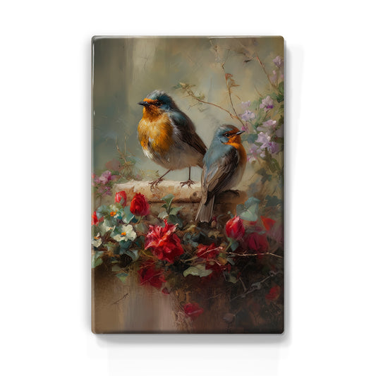 Laque print-two robins with colorful flowers-Hand lacquered-19.5 x 30 cm-LP396