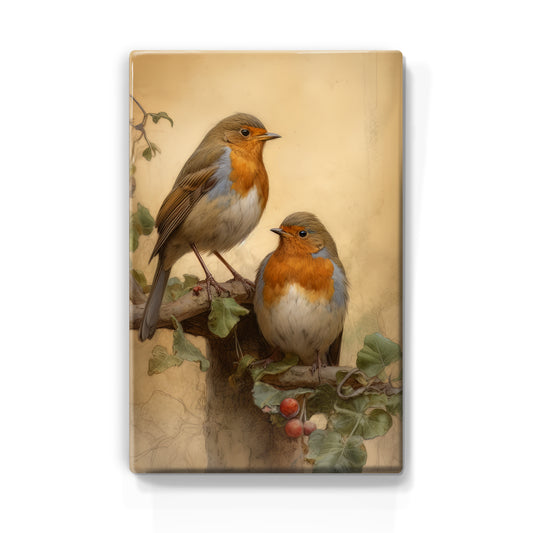 Laque print-two Robins with red berries-Hand varnished-19.5 x 30 cm-LP401