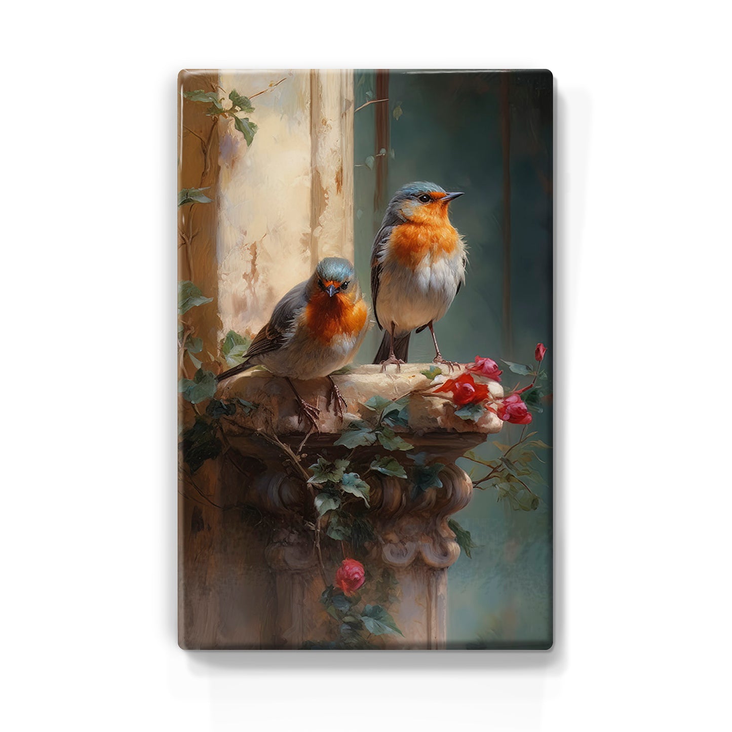 Laque print-two Robins, red roses in the morning sun-Hand painted-19.5 x 30 cm-LP402