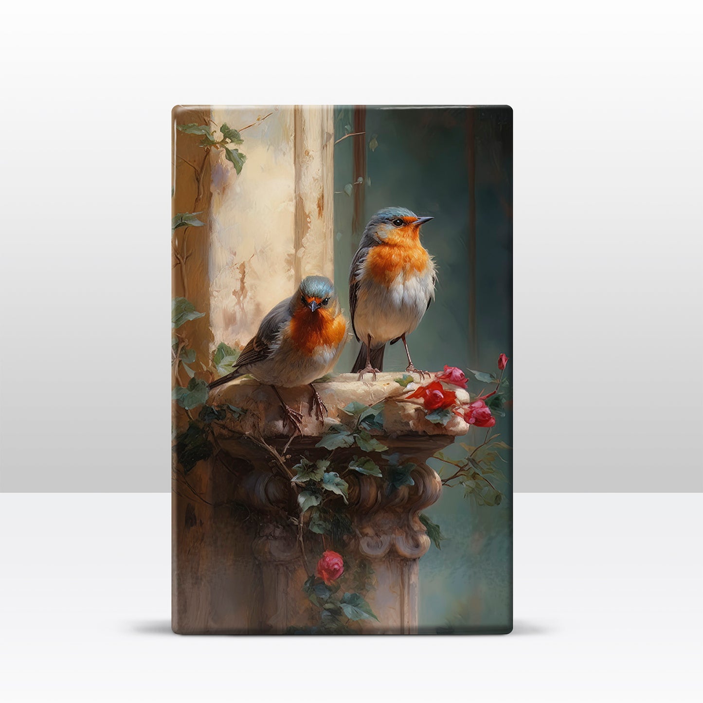 Laque print-two Robins, red roses in the morning sun-Hand painted-19.5 x 30 cm-LP402