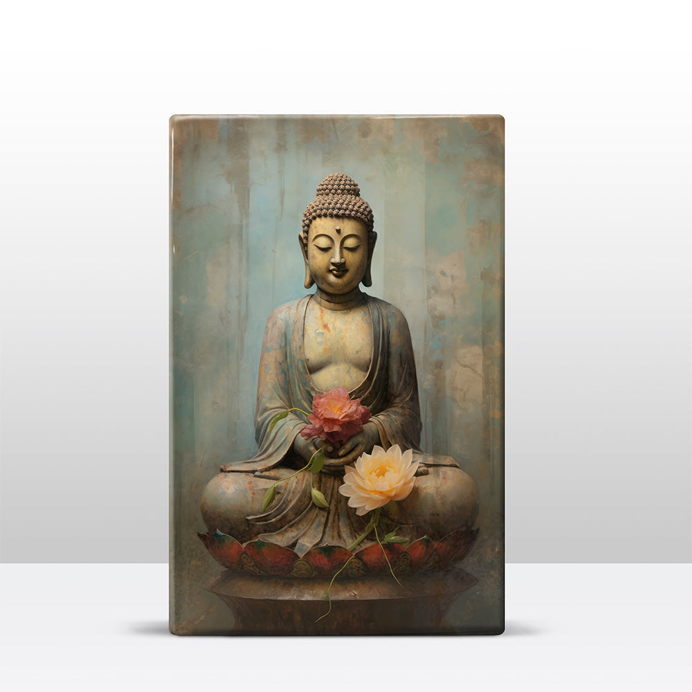 Boeddha met bloemen - Mini Laqueprint - 9,6 x 14,7 cm - LPS500