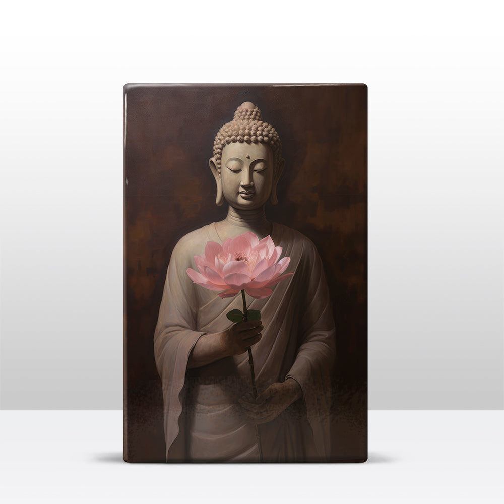 Boeddha met bloemen - Mini Laqueprint - 9,6 x 14,7 cm - LPS517