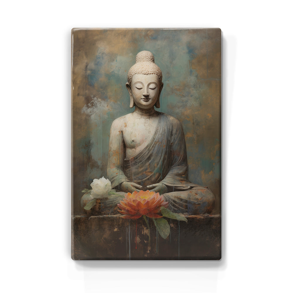 Boeddha met bloemen - Laqueprint - 19,5 x 30 cm - LP527