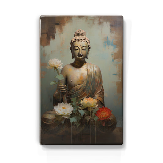 Boeddha met bloemen - Laqueprint - 19,5 x 30 cm - LP537