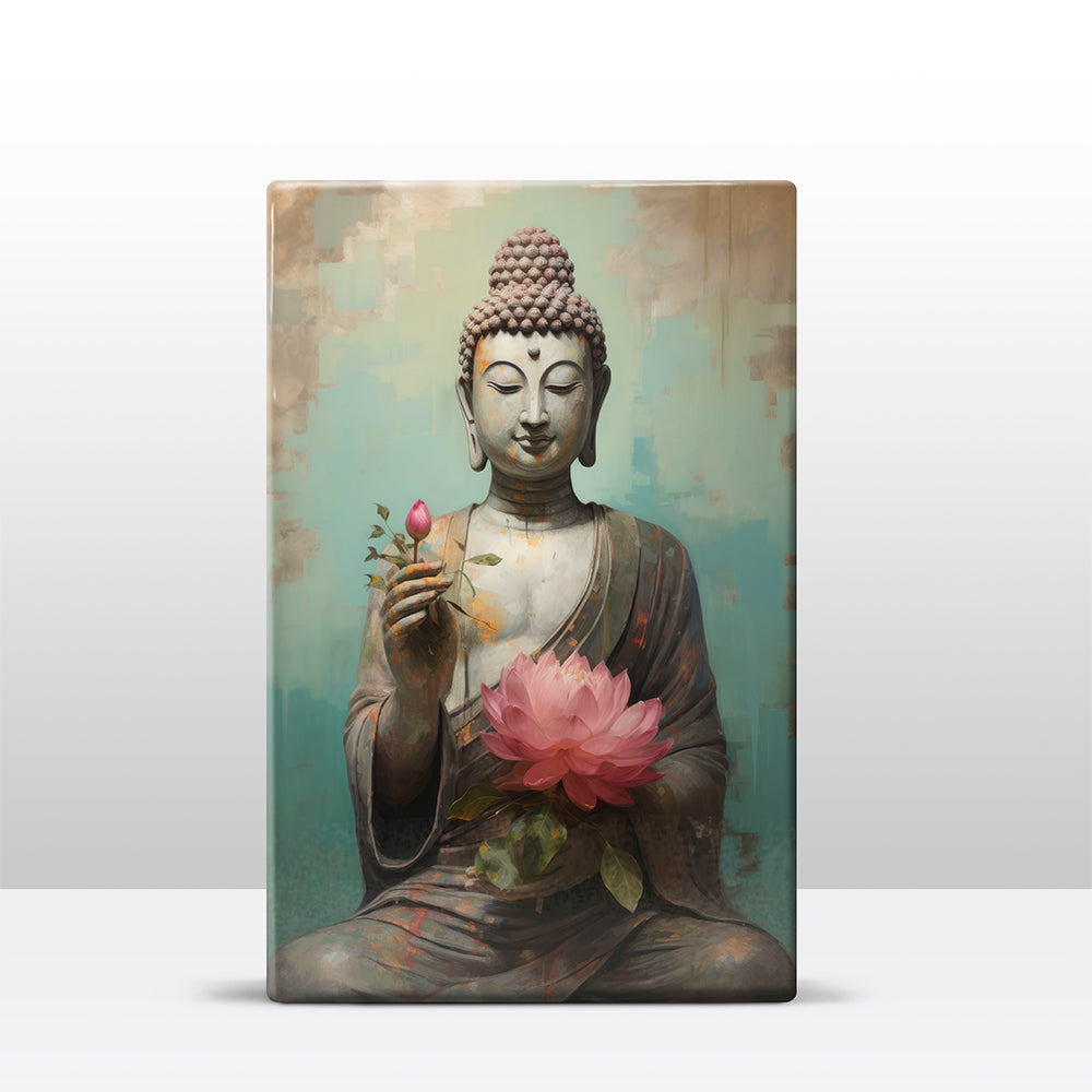 Boeddha met bloemen - Mini Laqueprint - 9,6 x 14,7 cm - LPS539