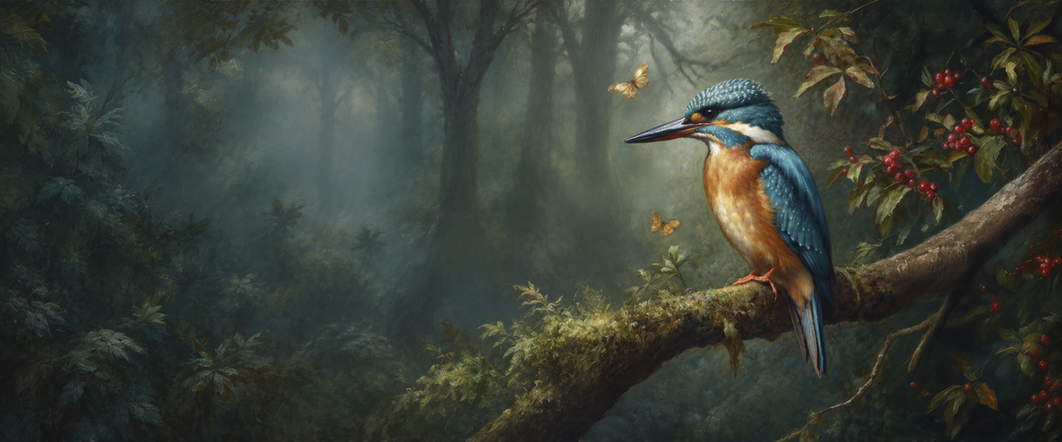 IJsvogel op een bemoste tak met vlinders in een schilderachtig bos